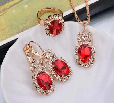 BROOCHITON Necklaces Red Crystal Necklace Earrings Ring Set