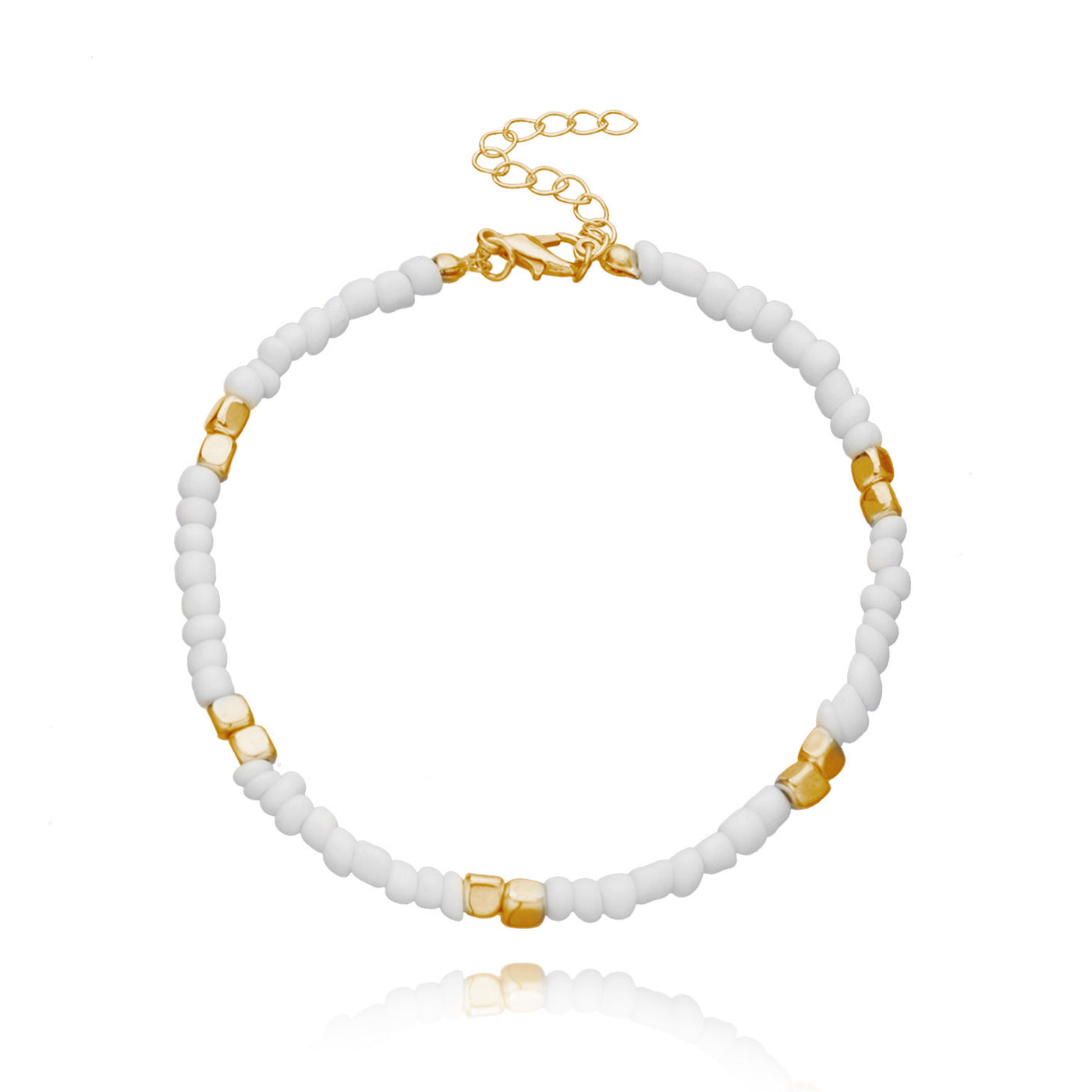 anklet  with white beads and gold accents on a white background