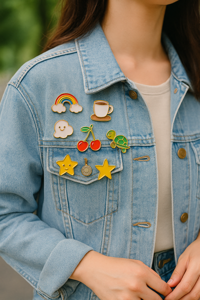 Person wearing a denim jacket with various colorful pins on the chest.