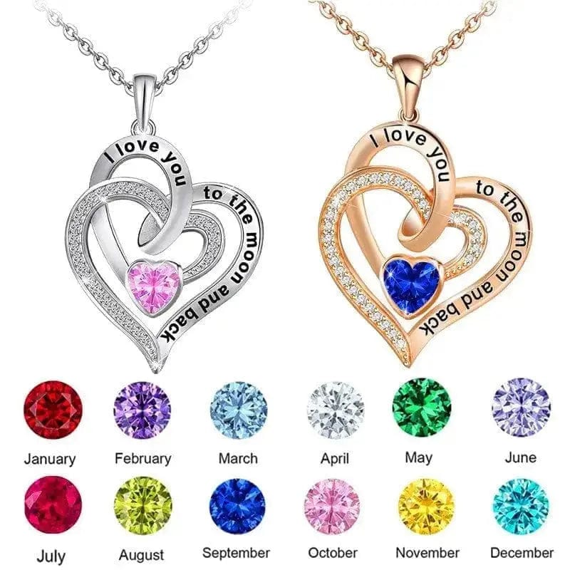 BROOCHITON Necklaces Double Heart Diamond Birthstone Necklace