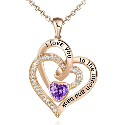 BROOCHITON Necklaces Rose Gold / February Double Heart Diamond Birthstone Necklace