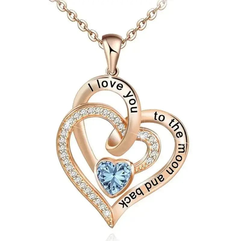 BROOCHITON Necklaces Rose Gold / March Double Heart Diamond Birthstone Necklace