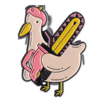 Colorful duck-shaped enamel pin  with electrical saw on a white background