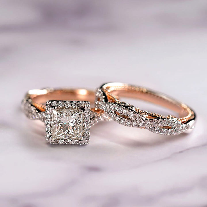 Rose gold ring with diamond and a  band with diamond on a soft purple background