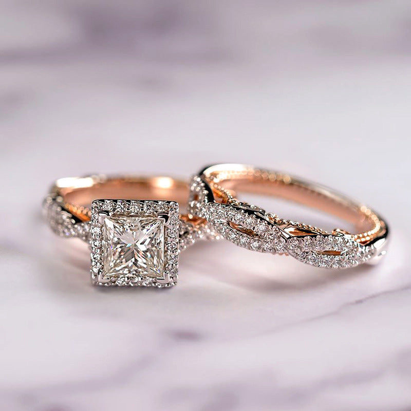 Rose gold ring with diamond and a  band with diamond on a soft purple background