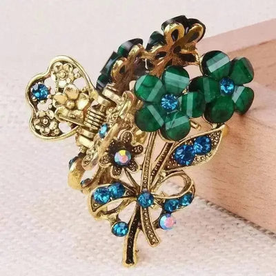 BROOCHITON Hair Clip Green Rhinestone Flower Barrettes Hairpins