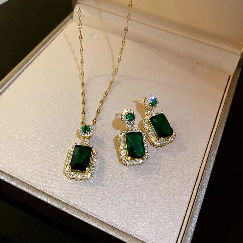 BROOCHITON jewelry Emerald Crystal necklace and earring set