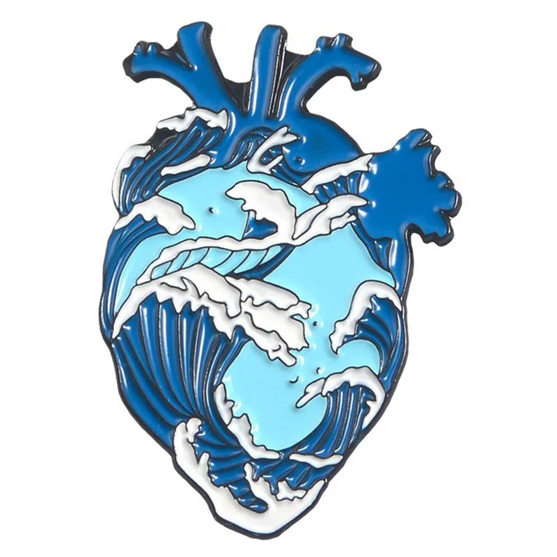 enamel pin in Heart-shaped design with dolphins and waves on a white background