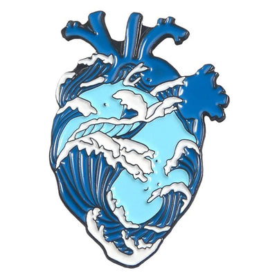 enamel pin in Heart-shaped design with dolphins and waves on a white background