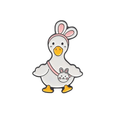 enamel pin of Cartoon duck with bunny ears and a baby rabbit on a white background