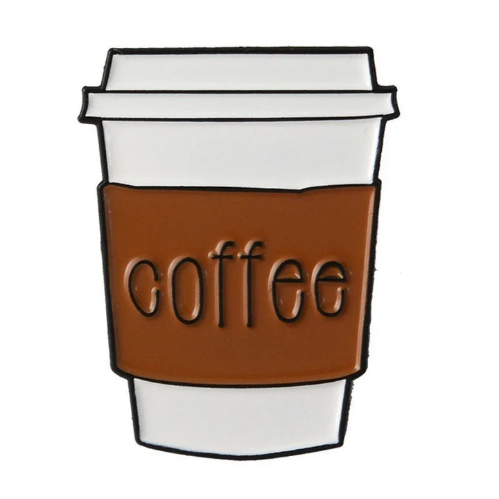 enamel pin of a coffee cup with a brown sleeve and &