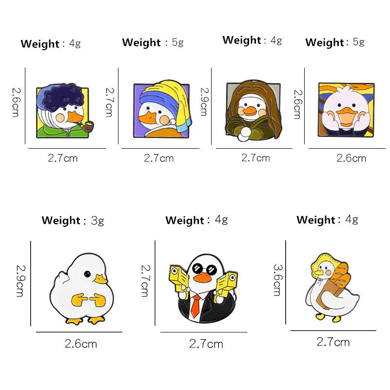 enamel pins of cartoon ducks with their dimensions and weights on a white background