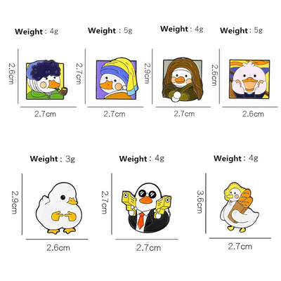 enamel pins of cartoon ducks with their dimensions and weights on a white background
