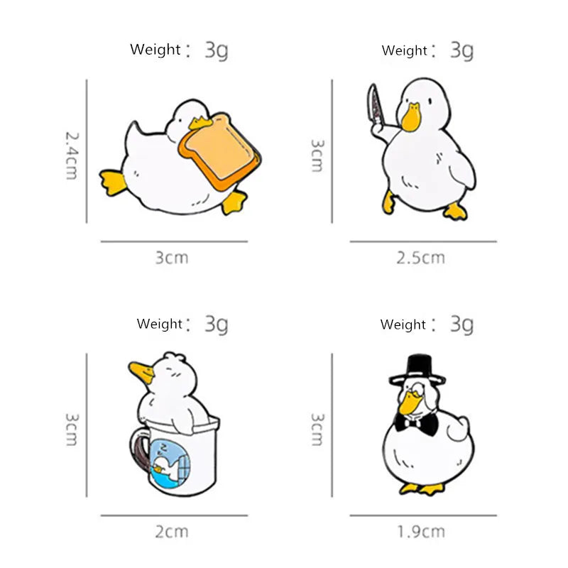 enamel pins of cartoon ducks with their measurements and weights on a white background