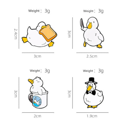 enamel pins of cartoon ducks with their measurements and weights on a white background