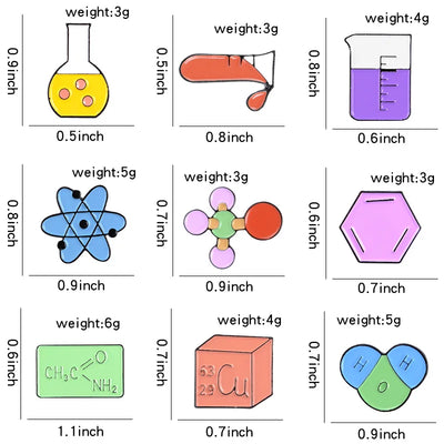enamel pins with their dimensions and weights on a white background