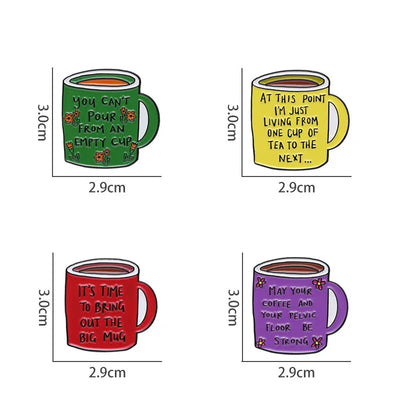 enamel pins of Four mugs with different designs and text, each with its dimensions displayed.