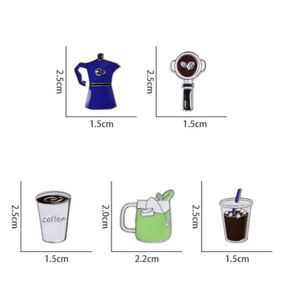 Set of miniature coffee-themed enamel pins with measurements on a white background