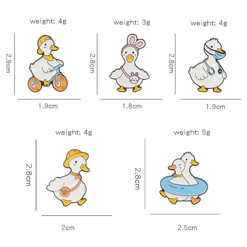enamel pins of cartoon ducks with  dimensions and weights on a white background