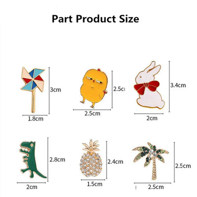 Illustrations of various enamel pins with their dimensions on a white background