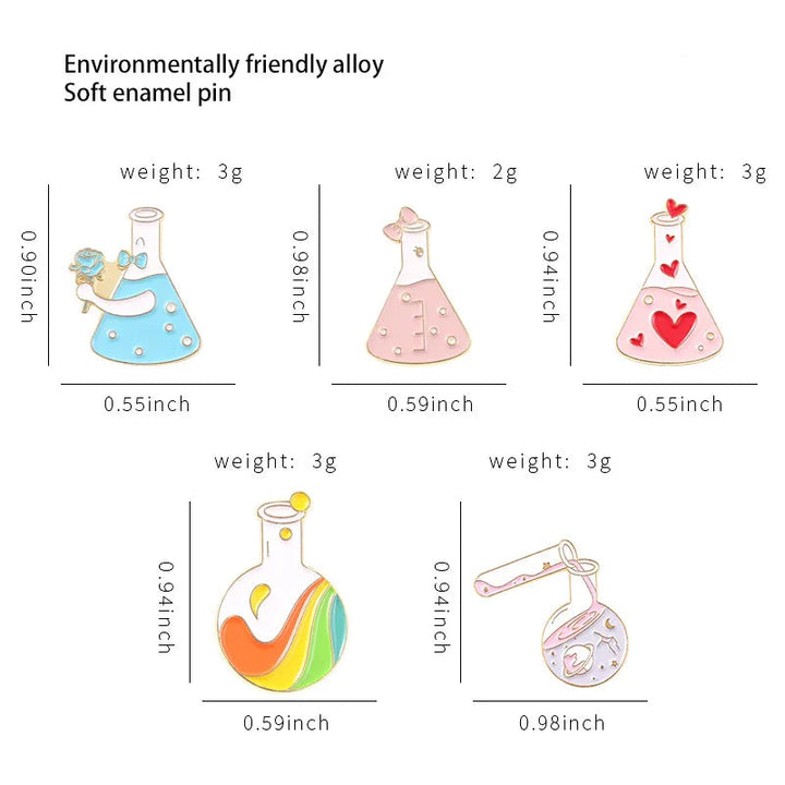 Set of environmentally friendly alloy soft enamel pins with measurements and weights.