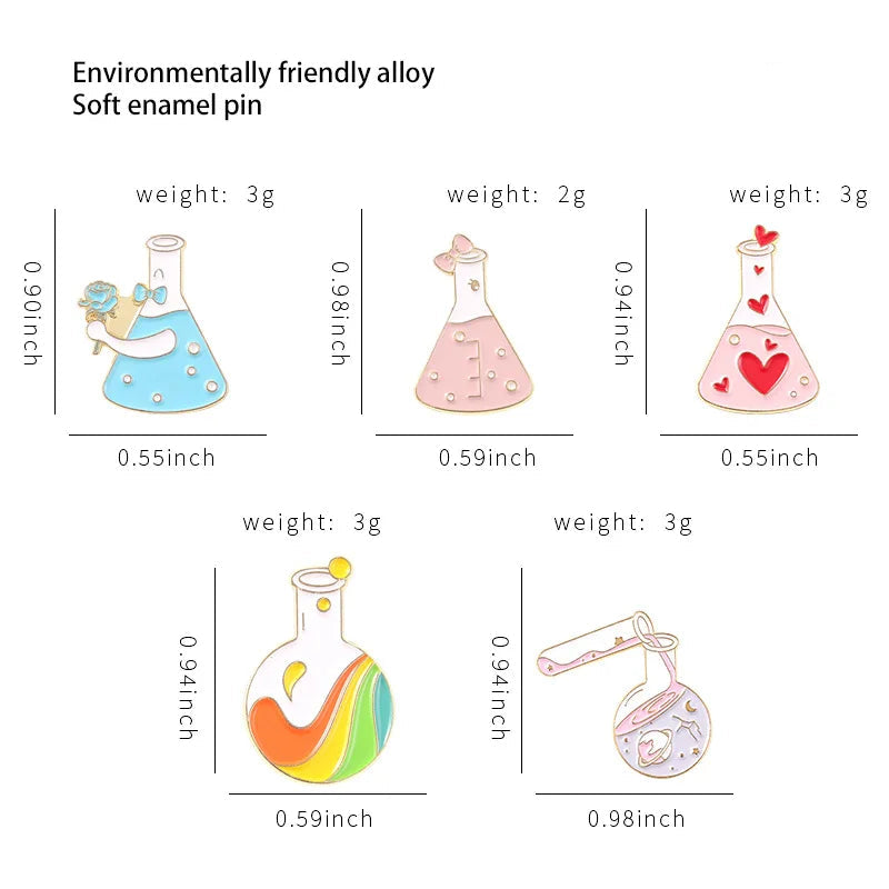 Set of environmentally friendly alloy soft enamel pins with measurements and weights.
