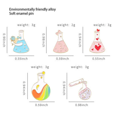 Set of environmentally friendly alloy soft enamel pins with measurements and weights.