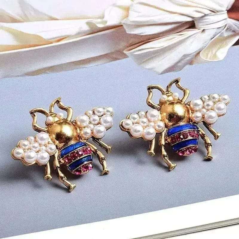BROOCHITON Earings Color Crystal Pearl Bee Earrings