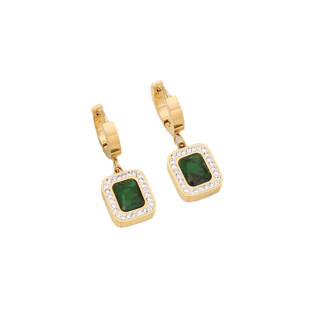 Gold hoop earrings with green gemstones on a white background