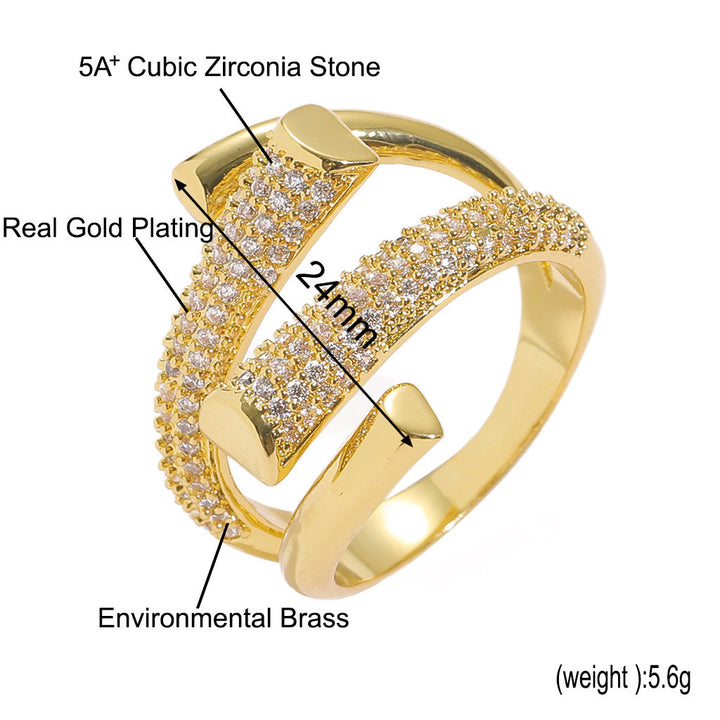 Gold ring with cubic zirconia stones, labeled for materials and dimensions on a white background.