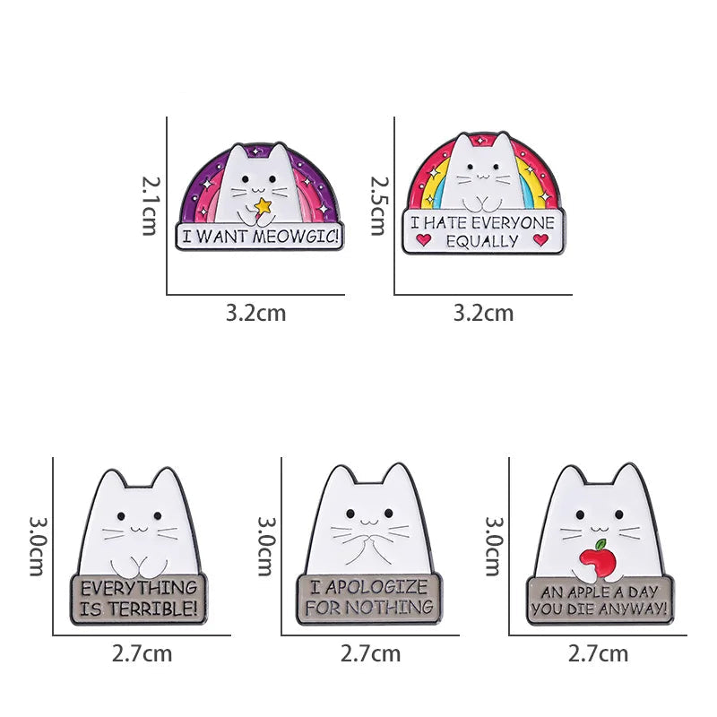 Set of five cartoon cat-shaped enamel pins with text and measurements on a white background