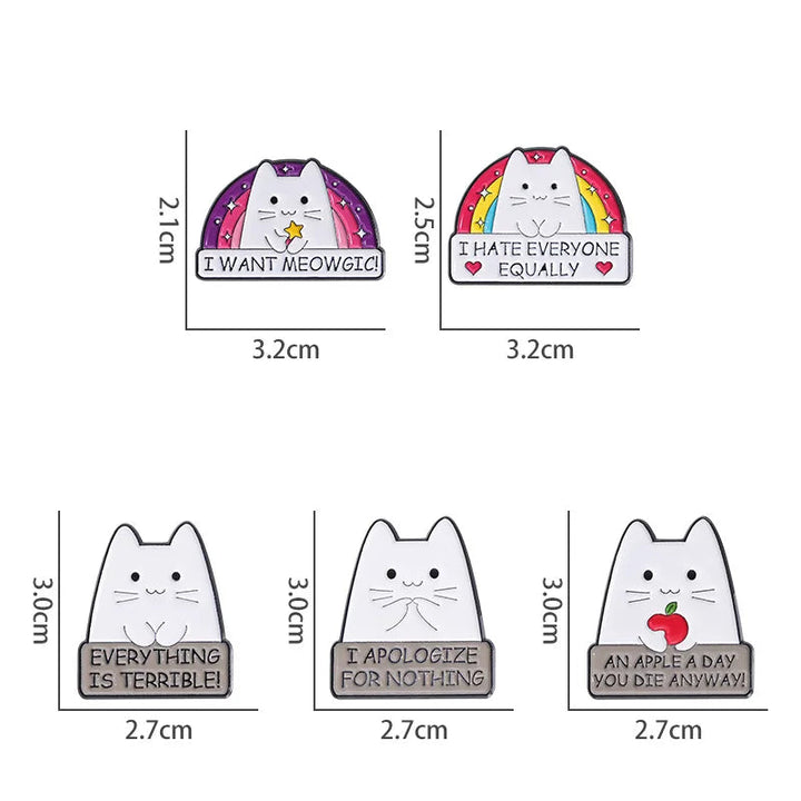 Set of five cartoon cat-shaped enamel pins with text and measurements on a white background