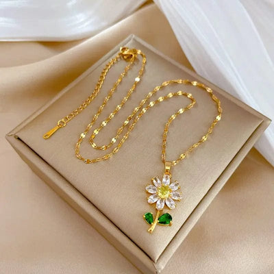 BROOCHITON Necklaces Gold Women's Full Zirconium Flower Necklace on a jewelry box