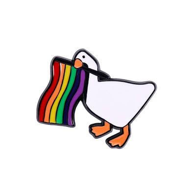 Pin with a goose holding a rainbow flag on a white background