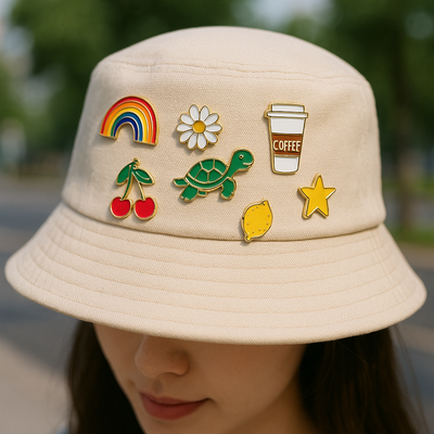 Beige bucket hat with colorful pins including a rainbow, flower, turtle, coffee cup, cherries, lemon, and star.