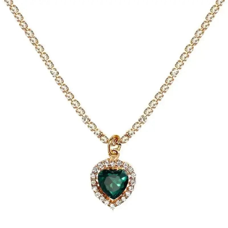 BROOCHITON Necklaces Green / Gold plated Heart Crystal Pendant Necklace