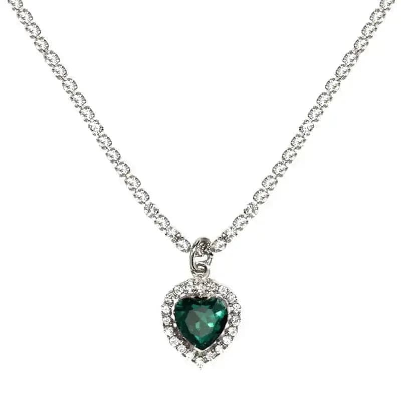 BROOCHITON Necklaces Green / Silver Heart Crystal Pendant Necklace
