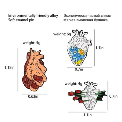 Illustrations of heart-shaped pins with measurements and weight details on a white background.