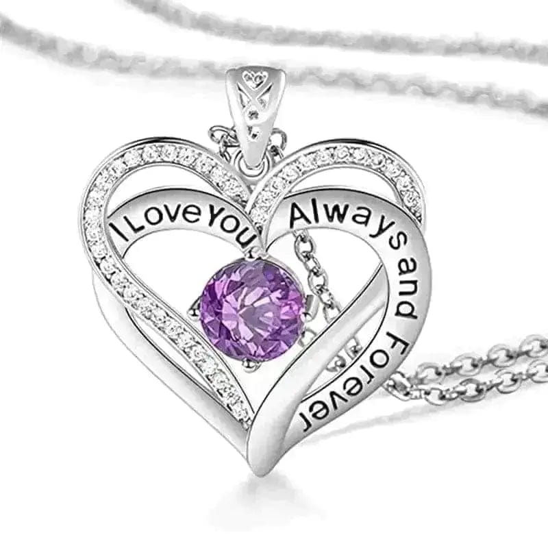 BROOCHITON Necklaces February I Love You Always And Forever Crystal Heart Birthstone Necklaces