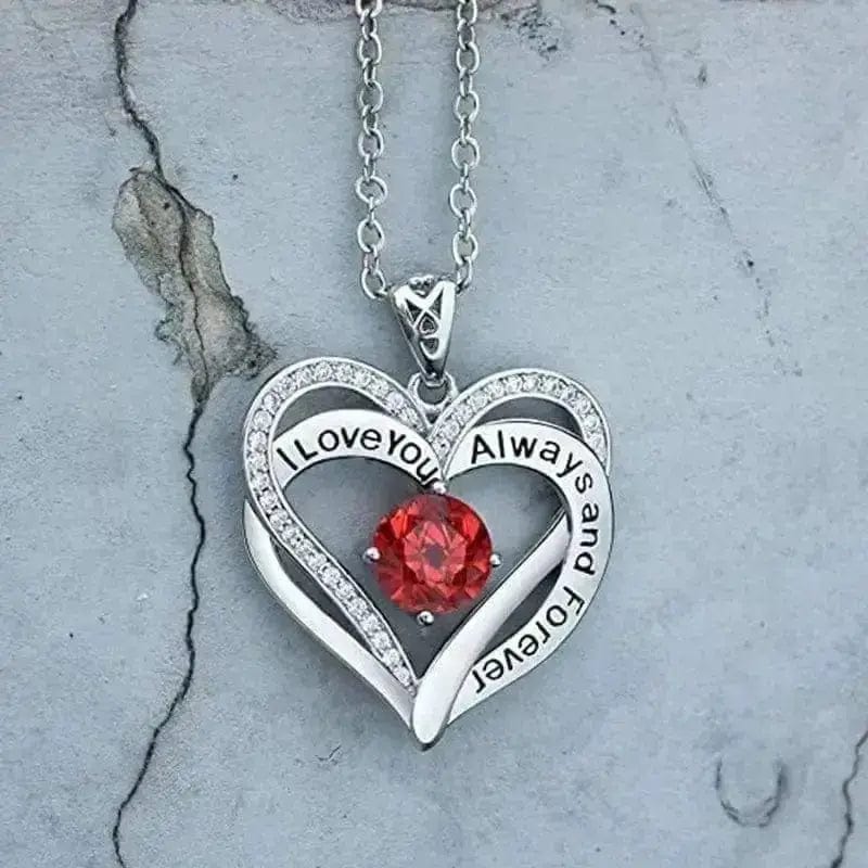 BROOCHITON Necklaces I Love You Always And Forever Crystal Heart Birthstone Necklaces on blue background