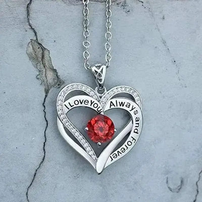 BROOCHITON Necklaces I Love You Always And Forever Crystal Heart Birthstone Necklaces on blue background