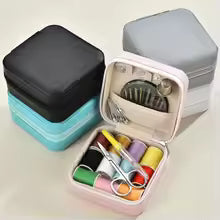 Compact zipper sewing box kit with thread needles scissors and portable storage case