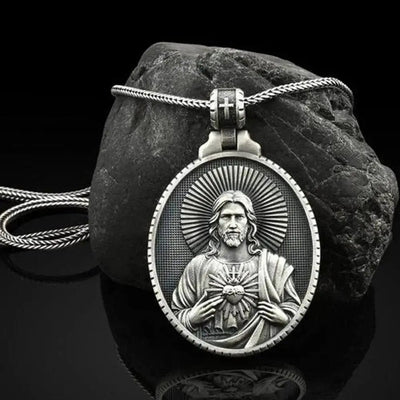 BROOCHITON Necklaces Silver Jesus Sacred Heart Mens Necklace