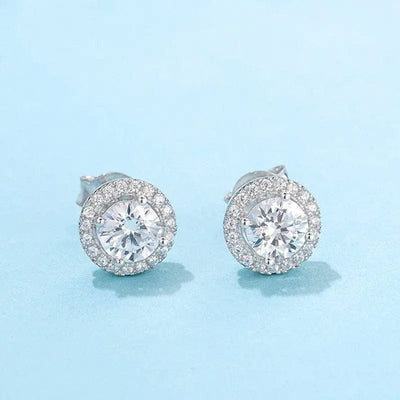 closeup view Silver Luxury round sterling silver moissanite earrings