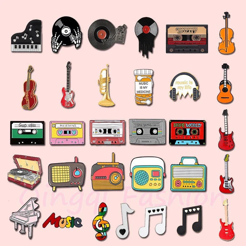 Collection of music-themed enamel pins on a pink background