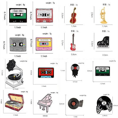 Collection of music-themed pins with measurements and weights on a white background