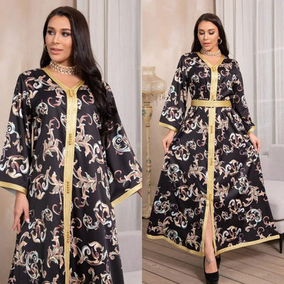 double view of a woman wearing Black / 2XL new dubai printed long belt dress