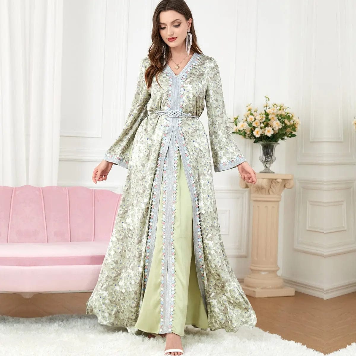 BROOCHITON abbaya ramada Light Green / 2XL Patchwork long sleeve dress