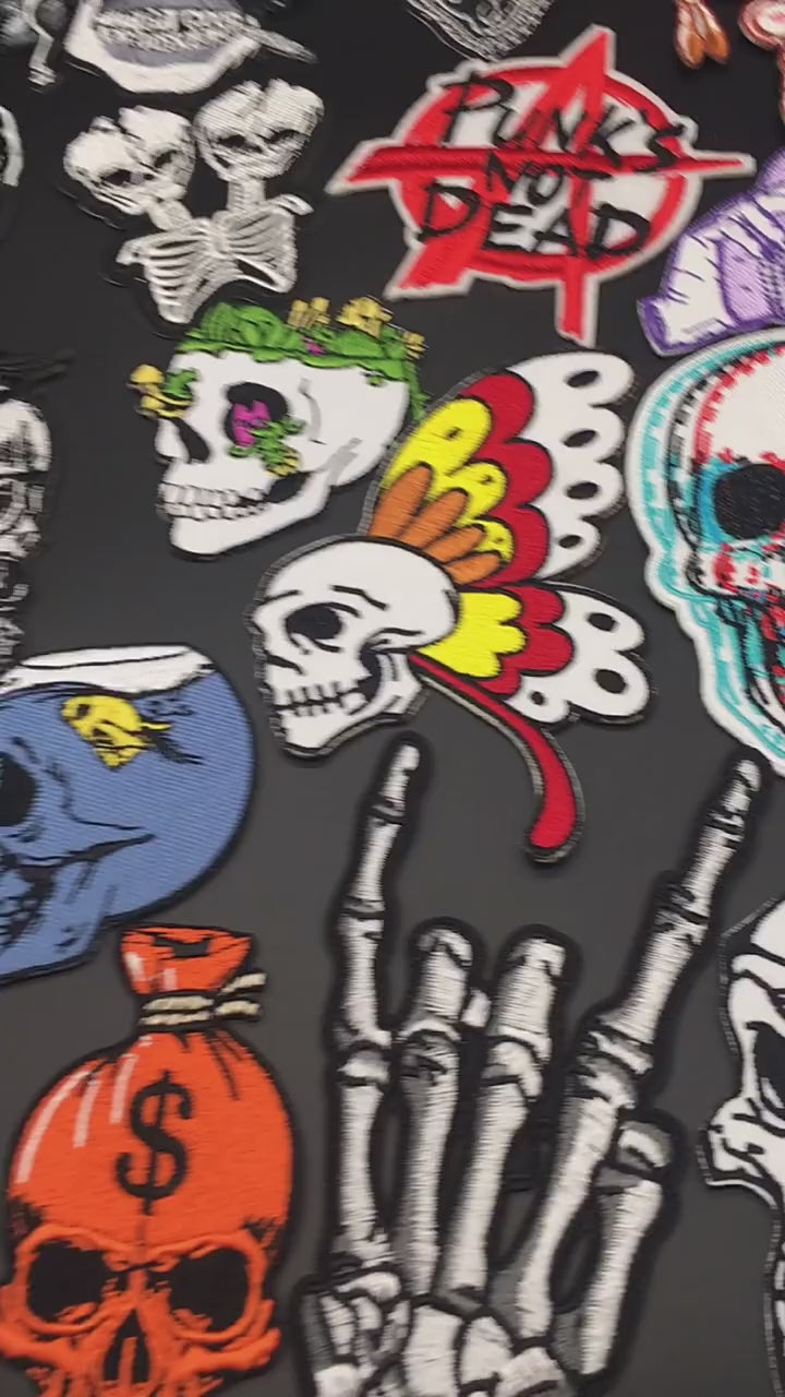 video of Iron-On Skull Punk Patch – Embroidered Badge for Jackets, Bags &amp; Clothing
