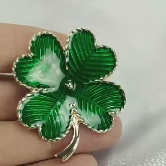 Vintage Green Shamrock Brooch – Enamel Four-Leaf Clover Pin for St. Patrick’s Day &amp; Everyday Luck